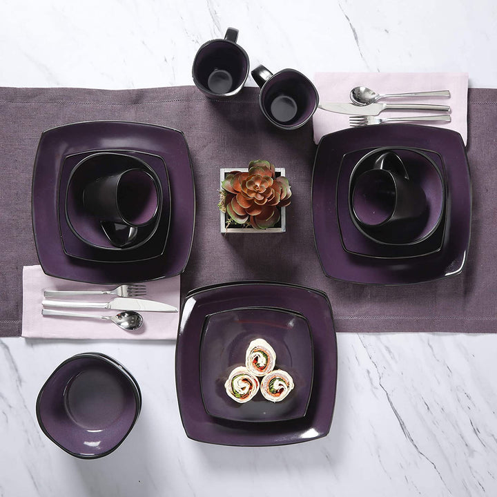 Gibson Elite Soho Lounge 16 Piece Plates, Bowls, & Mugs Dinnerware Set, Purple - VMInnovations
