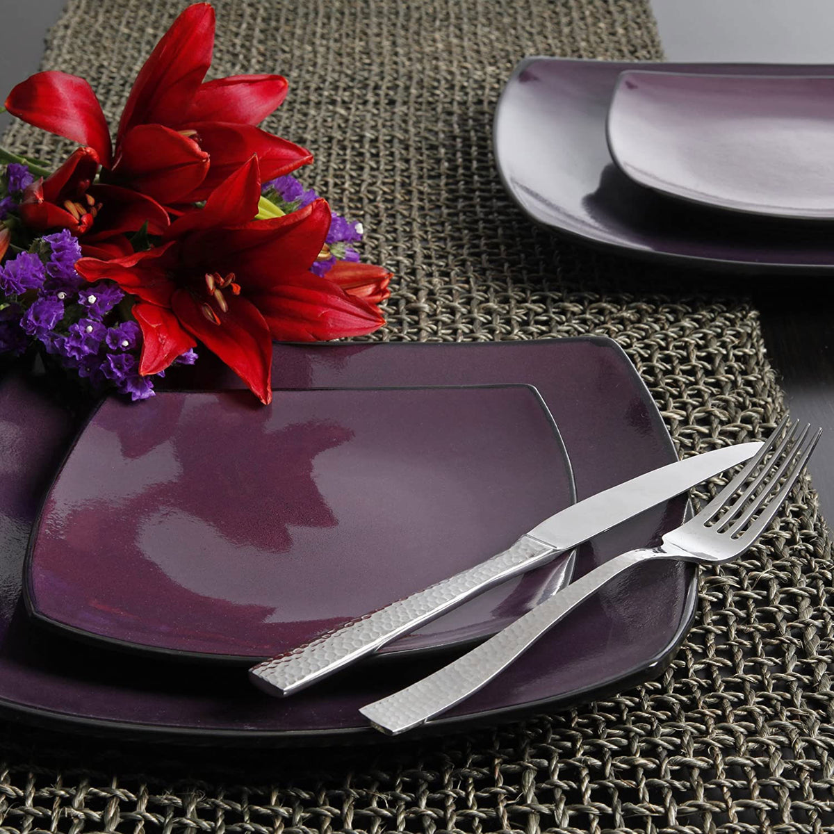 Gibson Elite Soho Lounge 16 Piece Plates, Bowls, and Mugs Set, Purple (2 Pack)