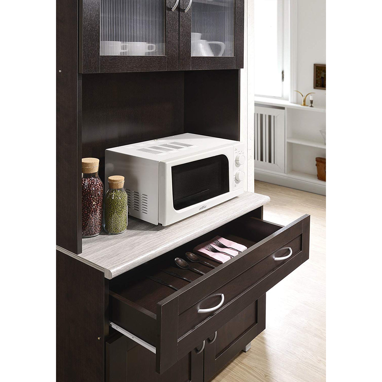 Hodedah Dining Room China Dinnerware Microwave Storage Cabinet, Chocolate - VMInnovations