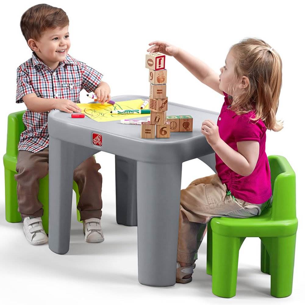 Step2 Mighty My Size Kids Plastic Table & Chairs Set, Grey & Green (Open Box)