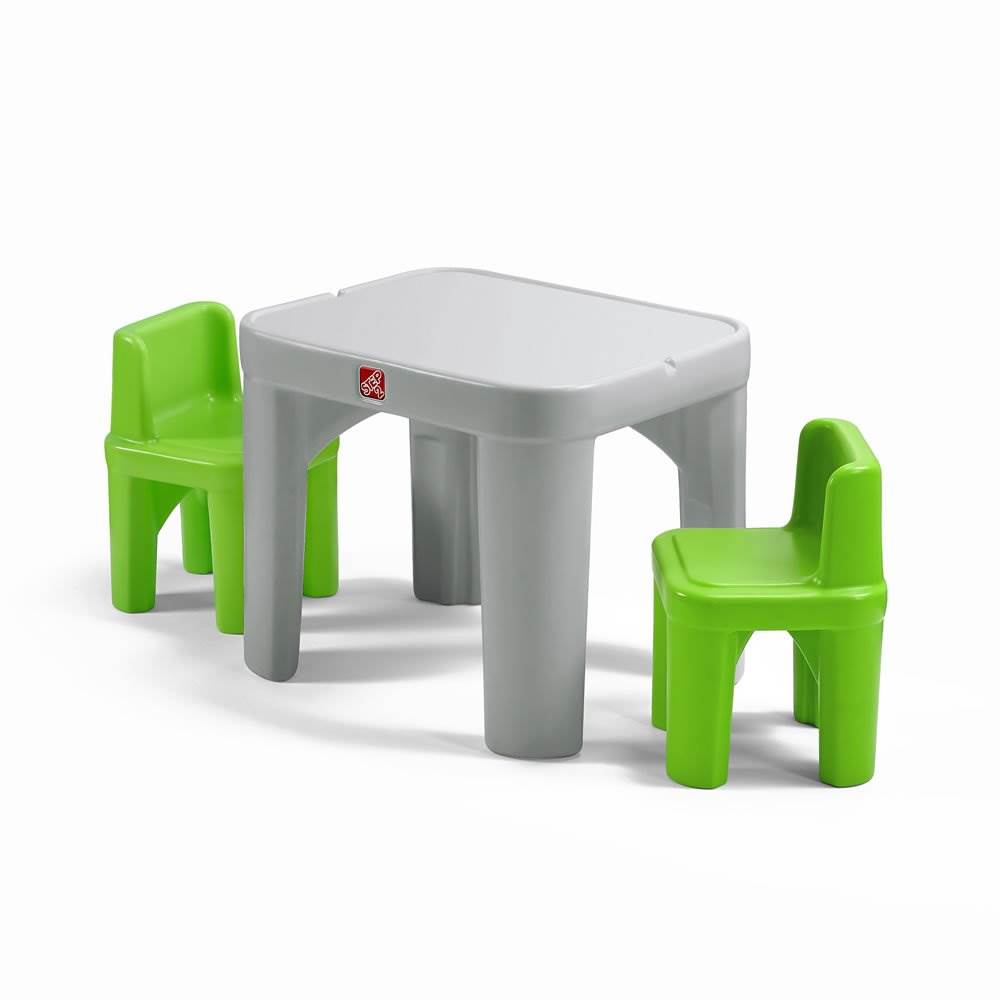 Step2 Mighty My Size Kids Plastic Table & Chairs Set, Grey & Green (Open Box)