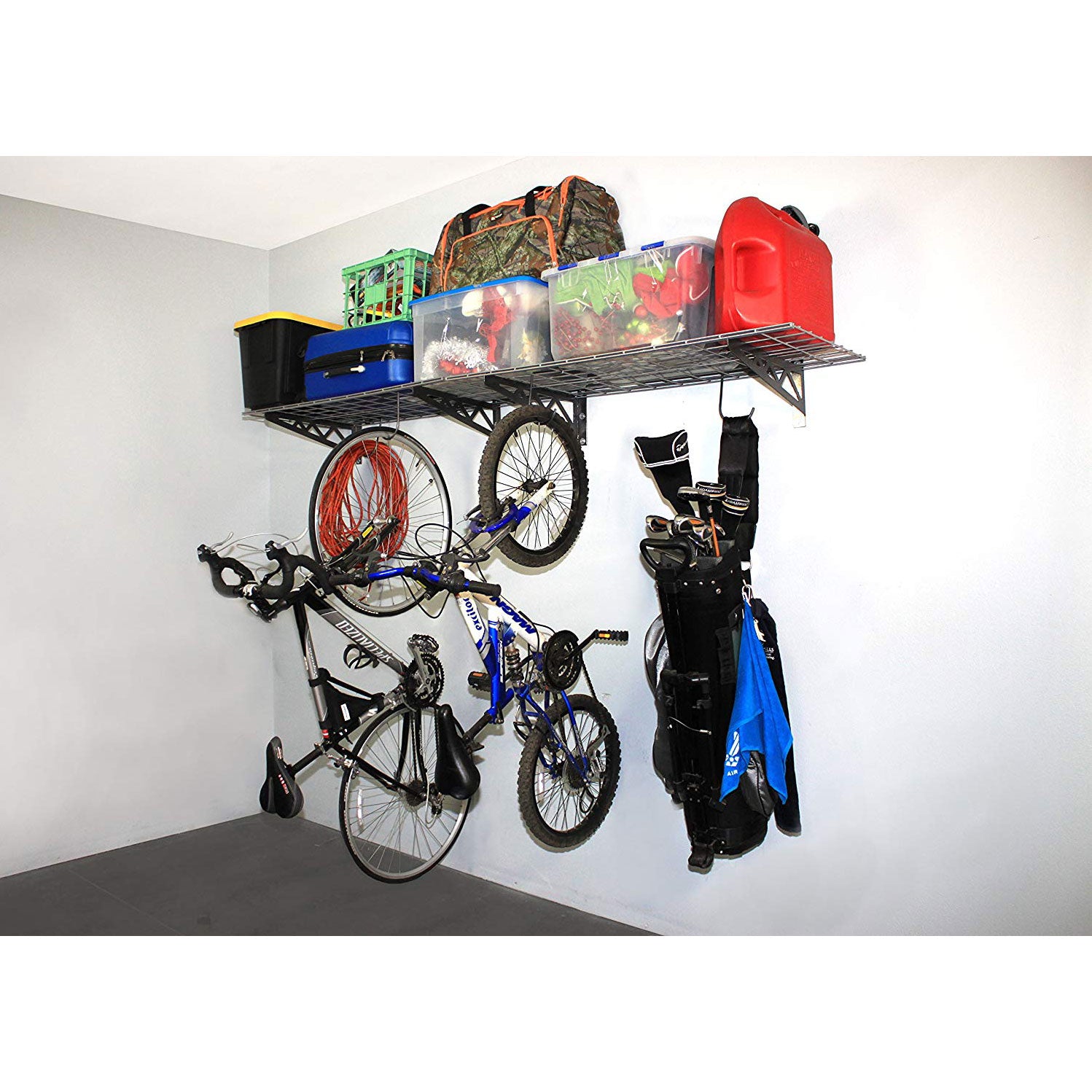 SafeRacks 18 x 48 Inch Garage Wall Shelf Two-Pack with Bike Tire Hooks, Gray - VMInnovations
