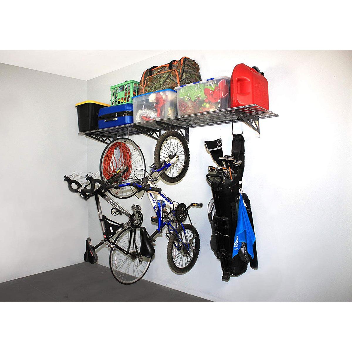 SafeRacks 18x48" Garage Shelf 2-Pack w/ Bike Hooks & 18ct Accessory Hook Package