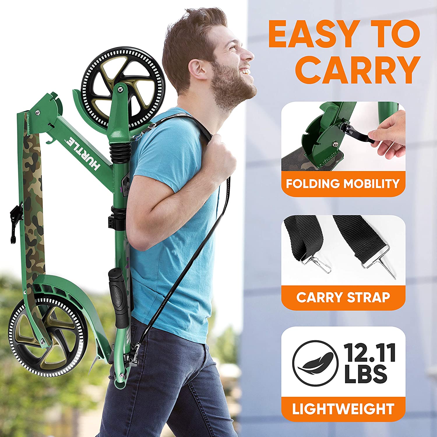 Hurtle Renegade Lightweight Foldable Teen and Adult Commuter Kick Scooter, Camo - VMInnovations