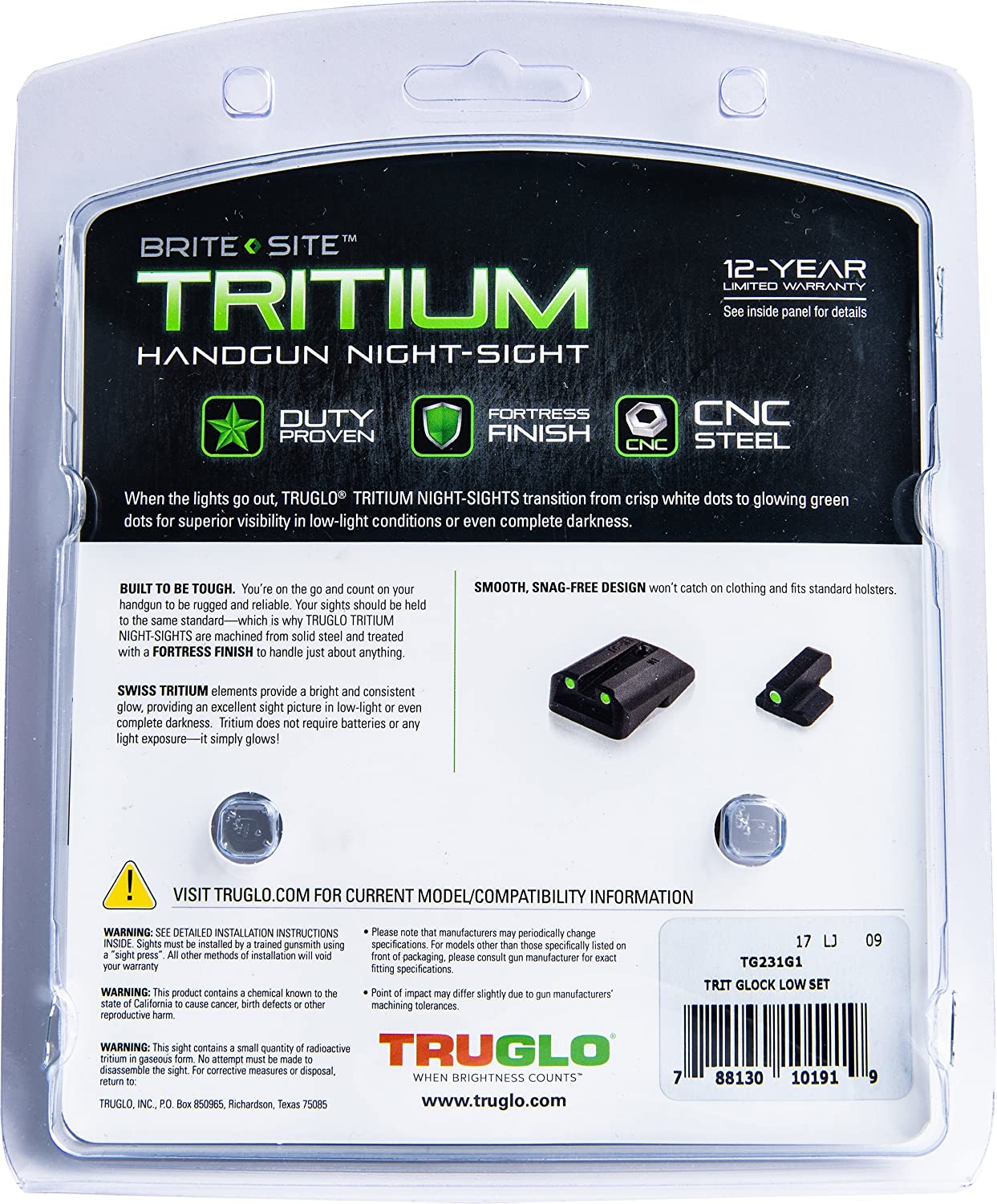 TruGlo Tritium Pro Brite Site Low Set Glock Sight, Glock 17 & More (Open Box)
