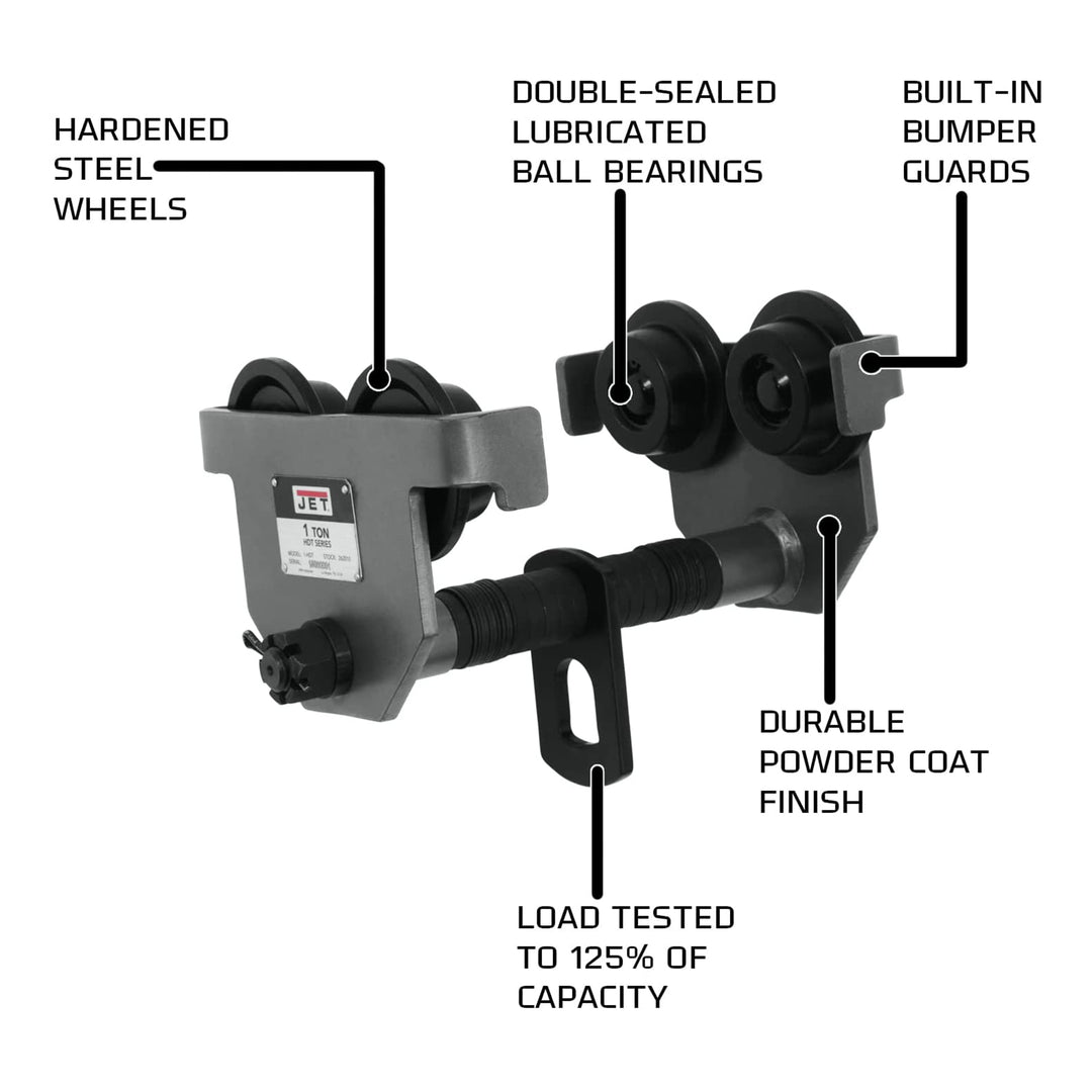 JET 1-HDT 1 Ton Steel Frame Manual Trolley with Bumper Guards and Spacer Washers - VMInnovations