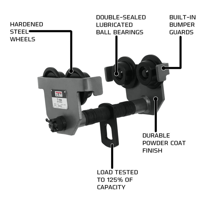 JET 1-HDT 1 Ton Steel Frame Manual Trolley with Bumper Guards and Spacer Washers - VMInnovations