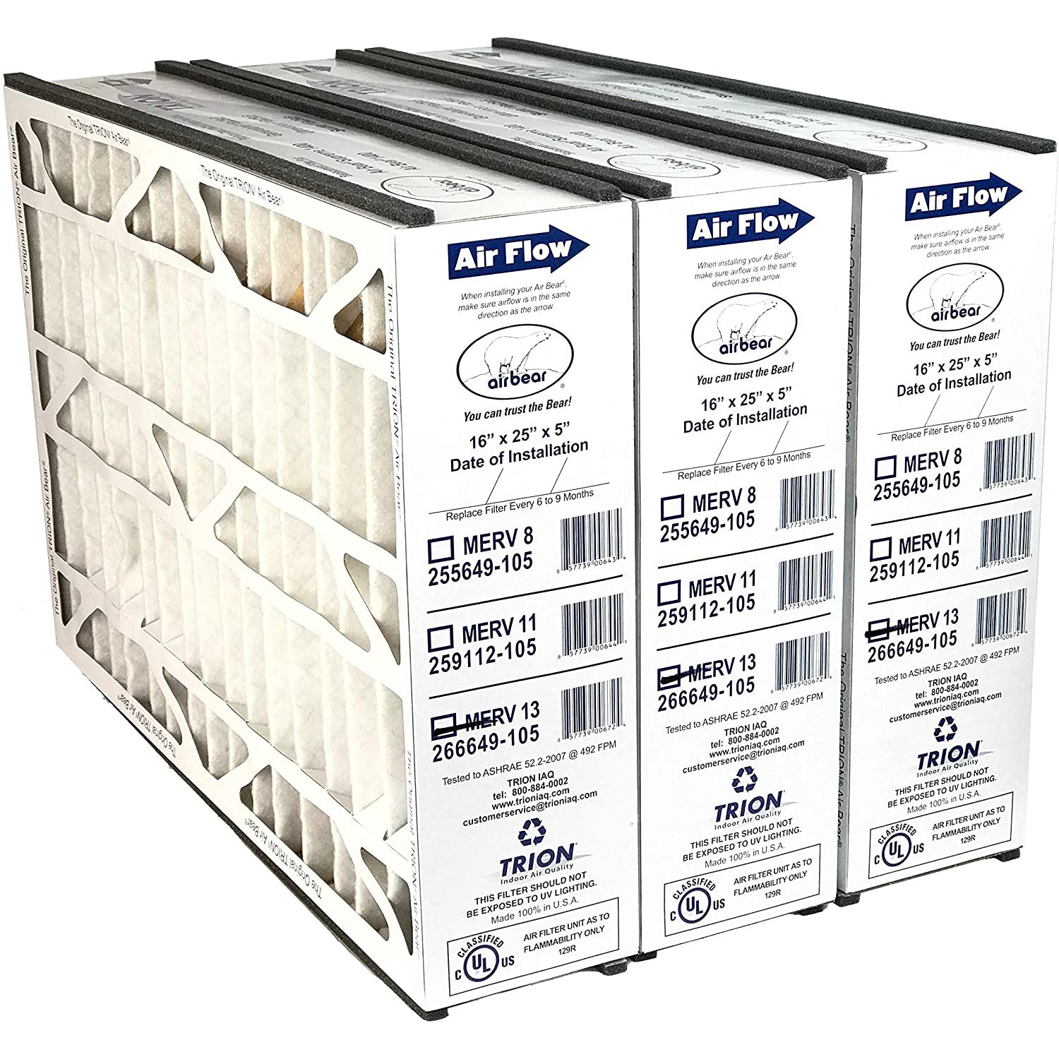 Trion 266649-105 Air Bear 16 x 25 x 5 Inch MERV 13 Air Purifier Filter (3 Pack) - VMInnovations