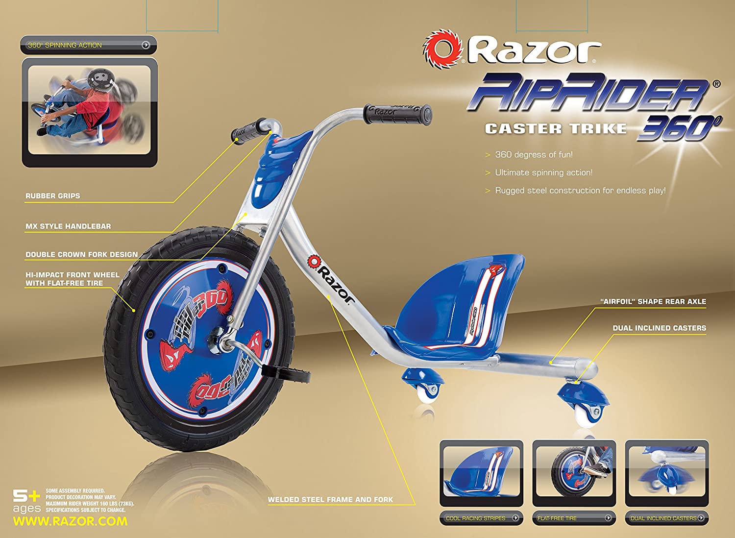 Razor Rip Rider 360 Drifting Ride On Big Wheel Tricycle, Kids Ages 5 & Up, Blue