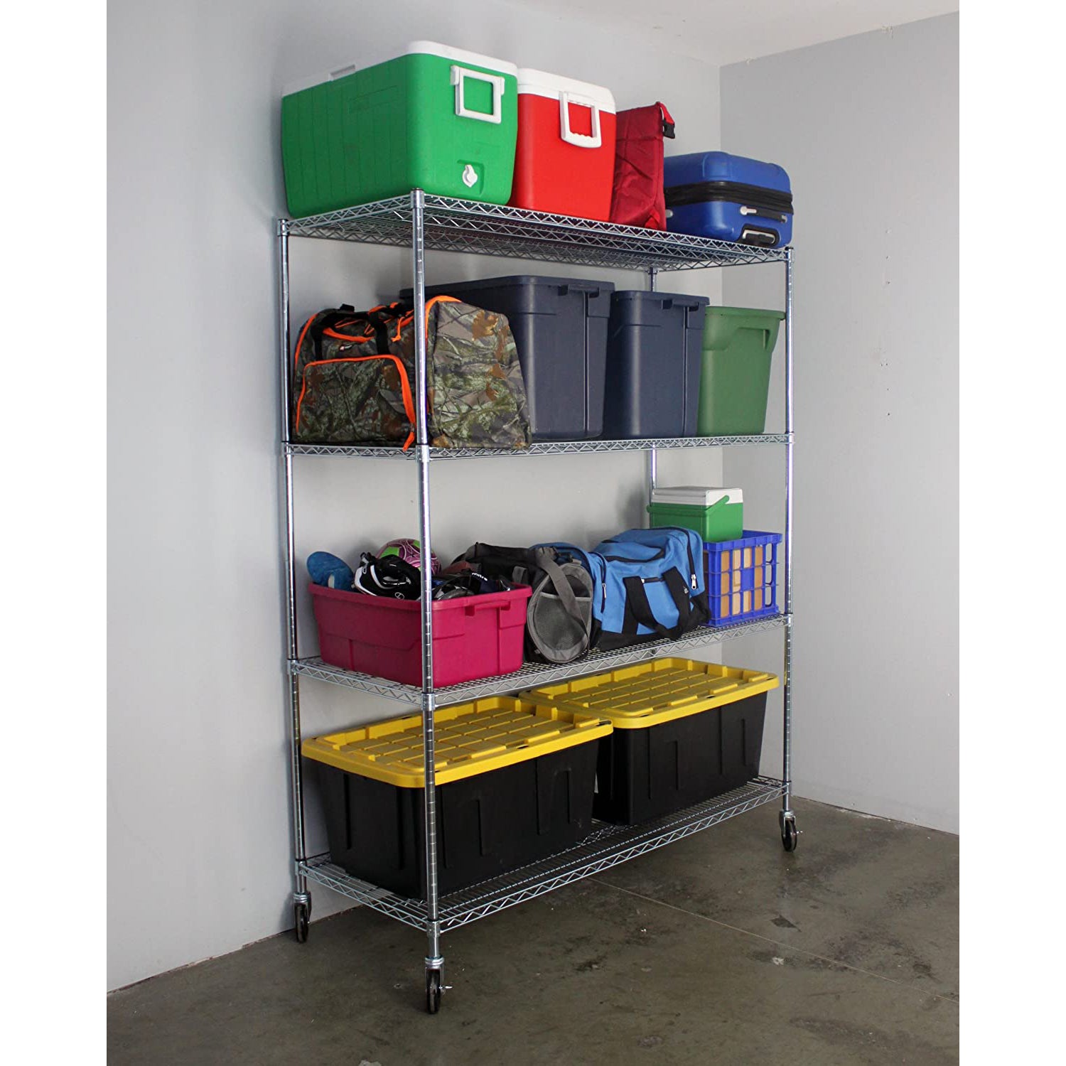 SafeRacks 24 x 60 x 72" 4 Tier Steel Wire Storage Shelving Rack w/Wheels, Silver - VMInnovations