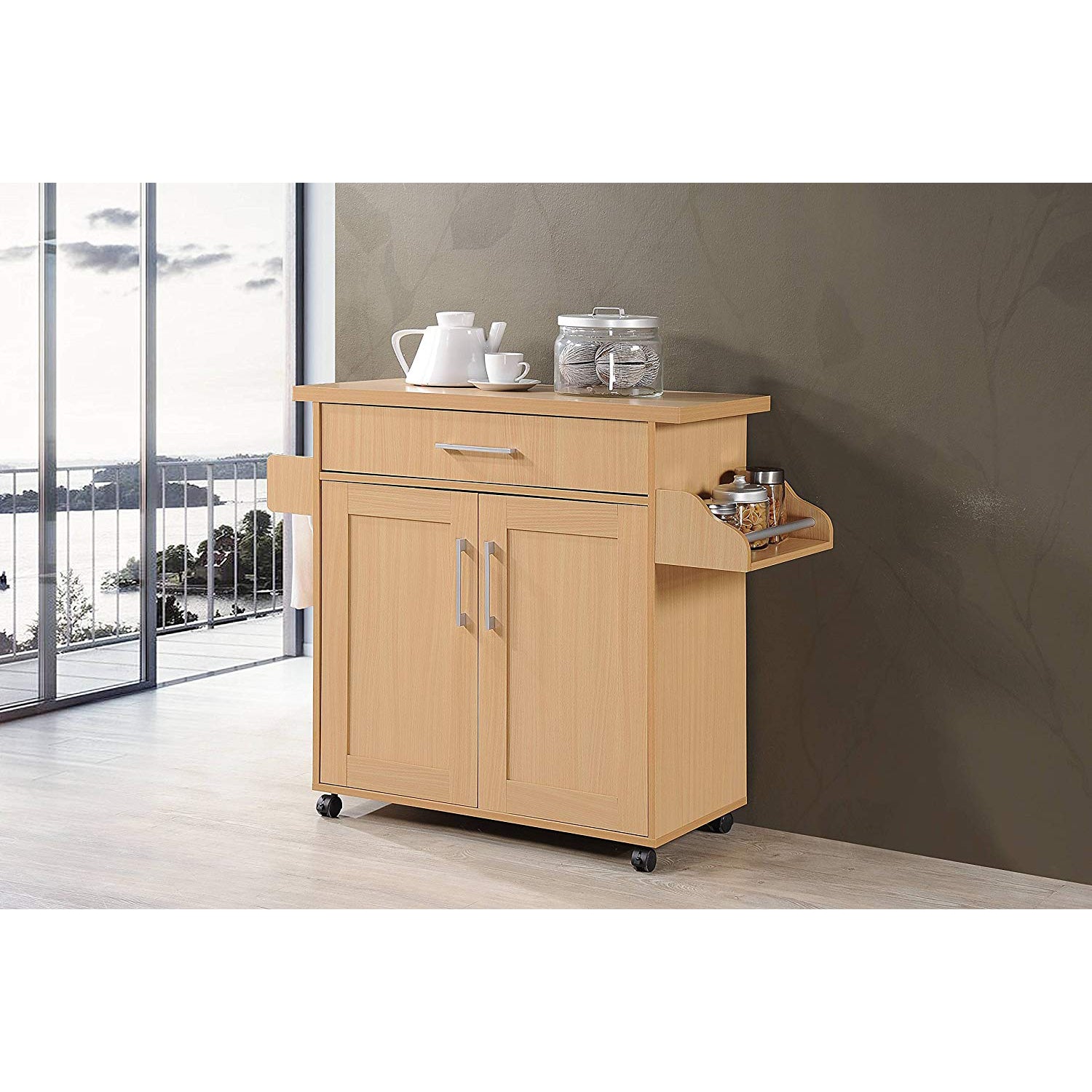 Hodedah Wheeled Kitchen Island with Large Spice Rack and Towel Holder, Beech - VMInnovations