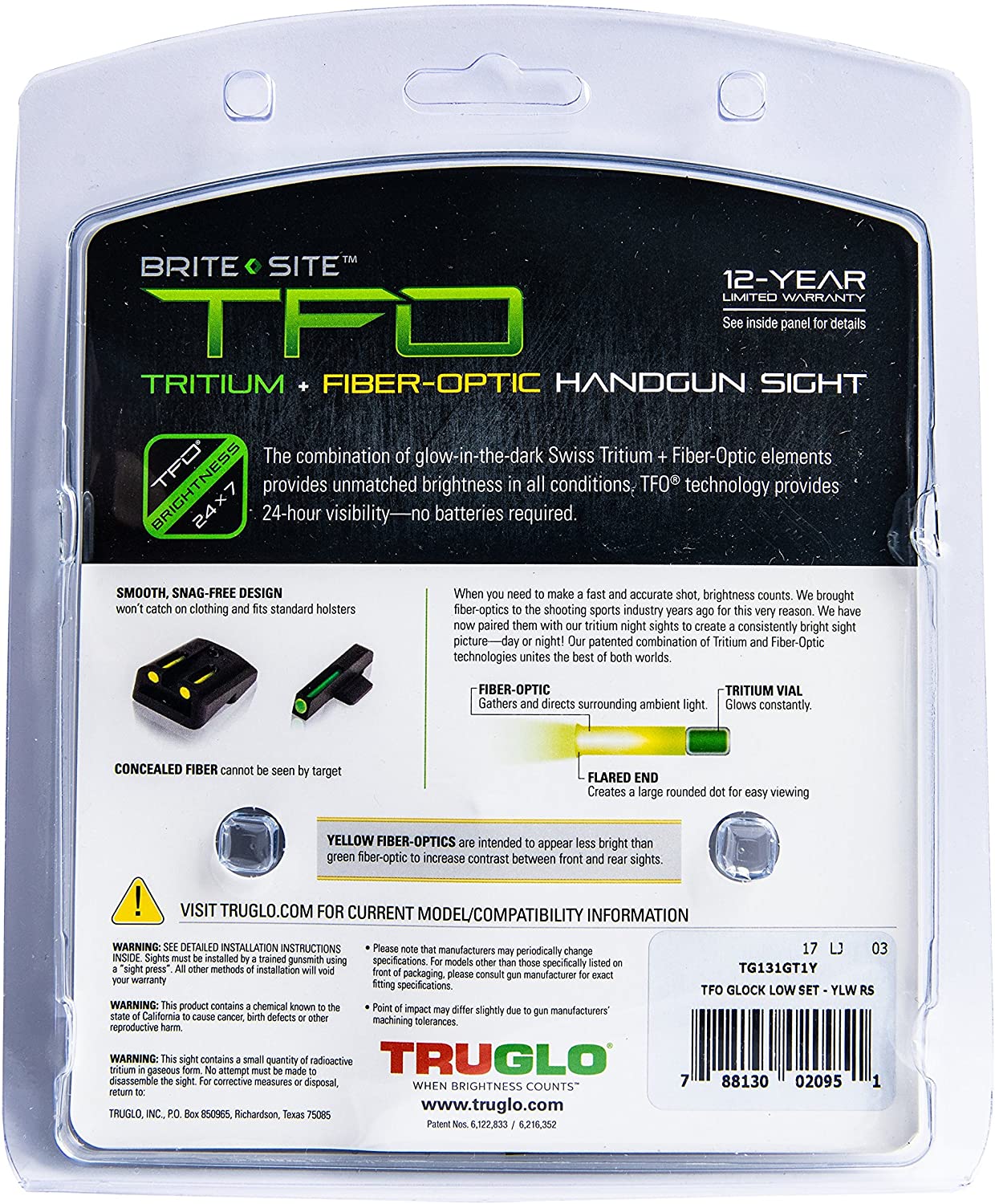 TruGlo TFO Tritium Fiber Optic Sight, Glock 17/17L & More, Yellow (Used)