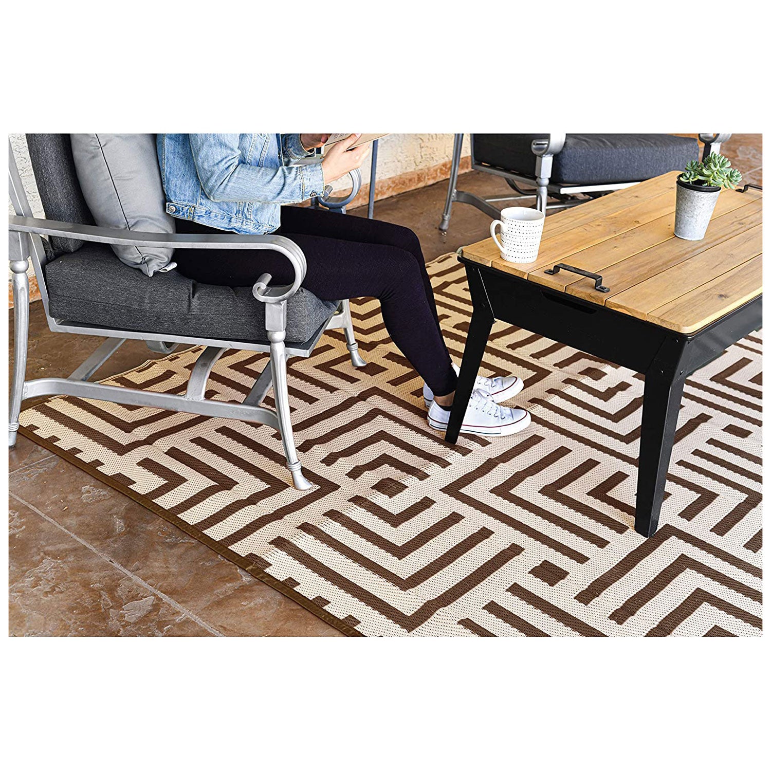 Reversible Mats 8 x 5 Foot Polypropylene Pattern Patio Rug Brown/Beige(Open Box)