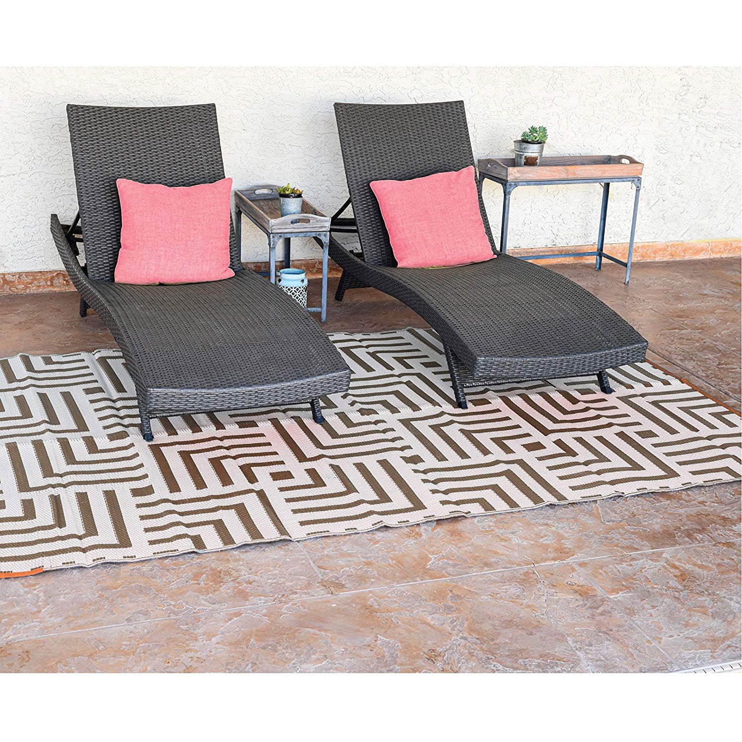 Reversible Mats 8 x 5 Foot Polypropylene Pattern Patio Rug Brown/Beige(Open Box)