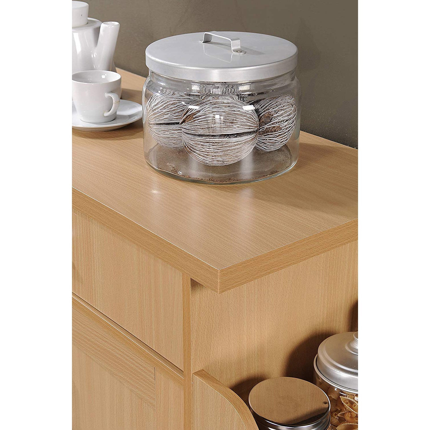 Hodedah Wheeled Kitchen Island with Large Spice Rack and Towel Holder, Beech - VMInnovations