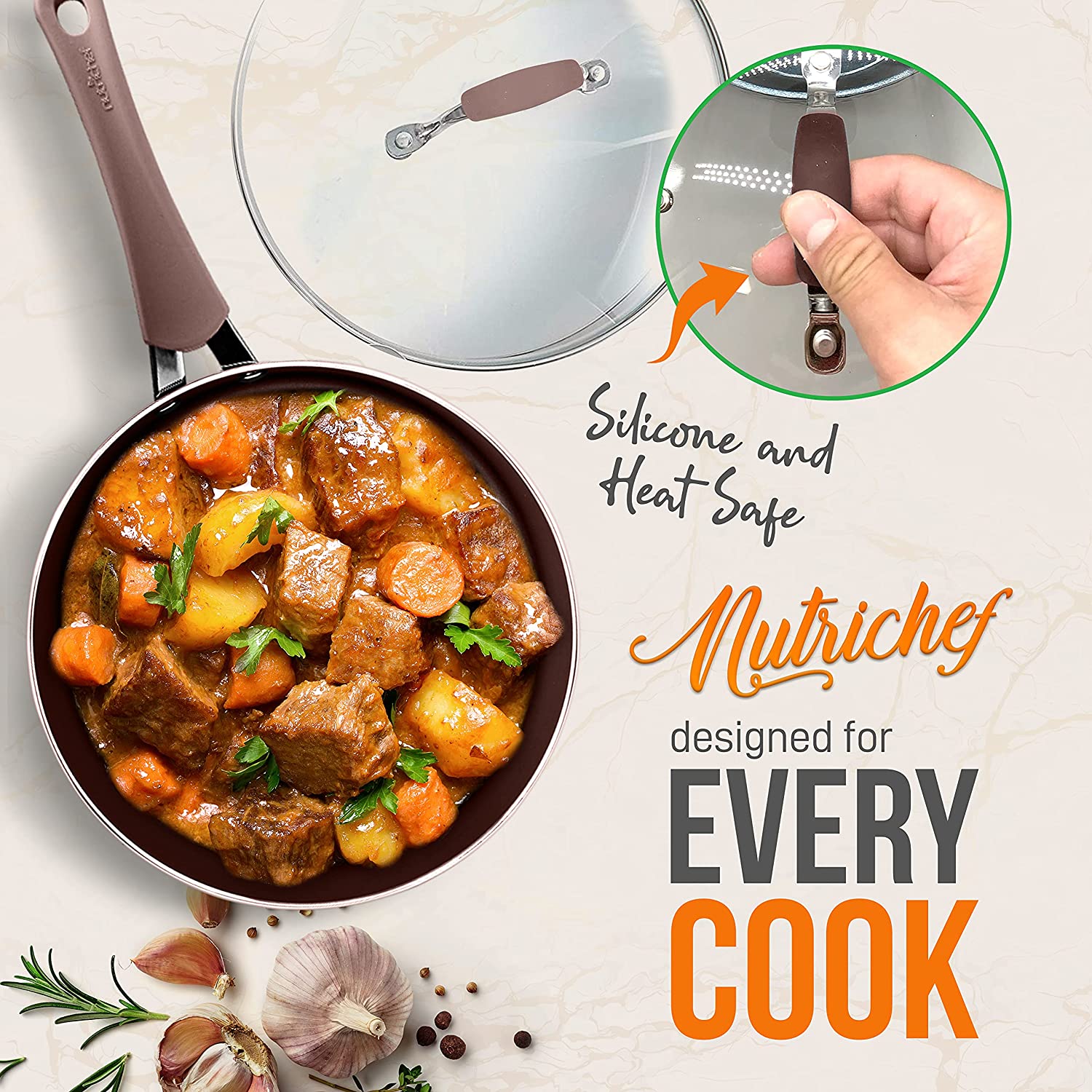 NutriChef Nonstick Cooking Kitchen Pots and Pans, 14 Piece Set, Bronze(Open Box) - VMInnovations