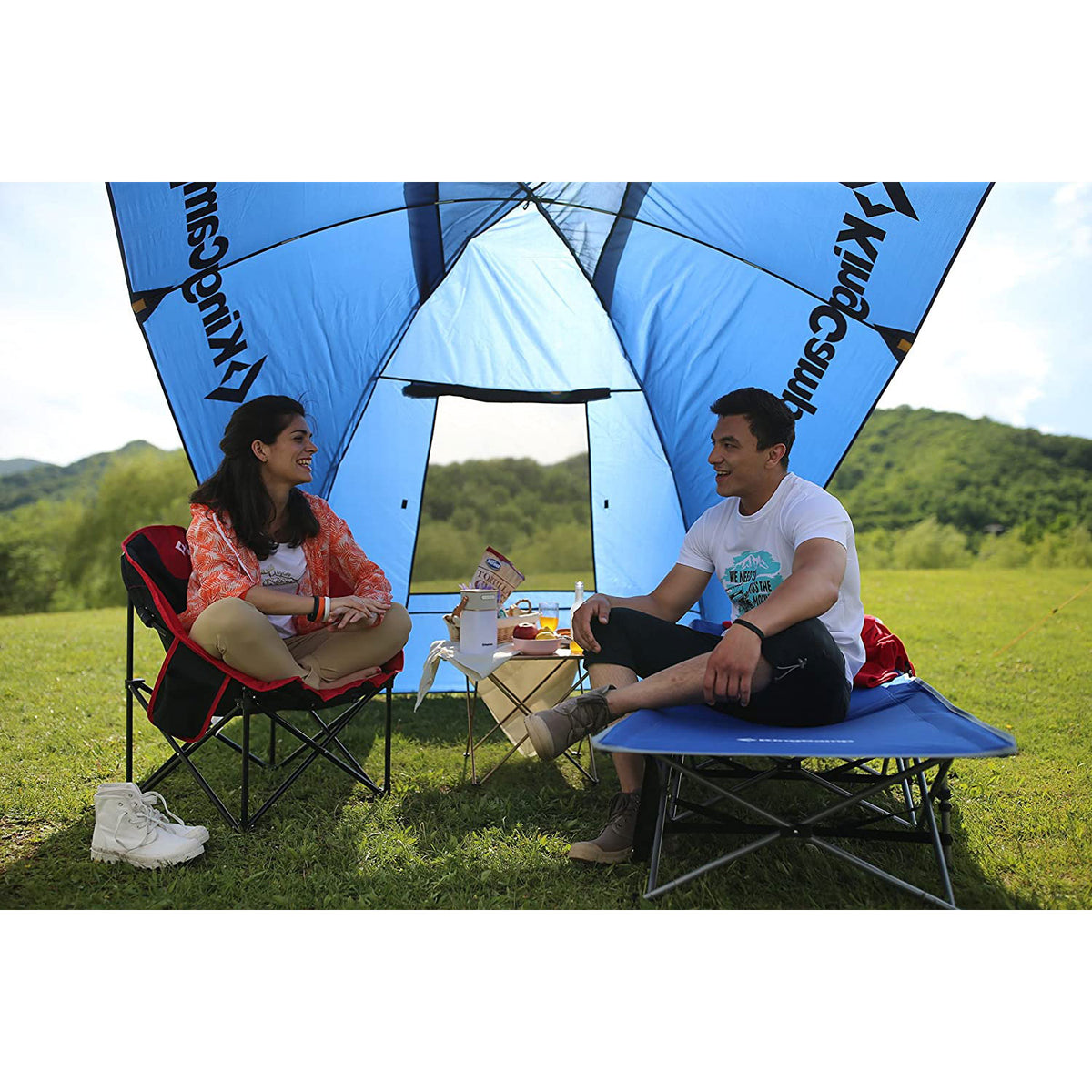 KingCamp Folding Deluxe Portable Camping Side Pocket Bed Cot, Blue (Open Box)