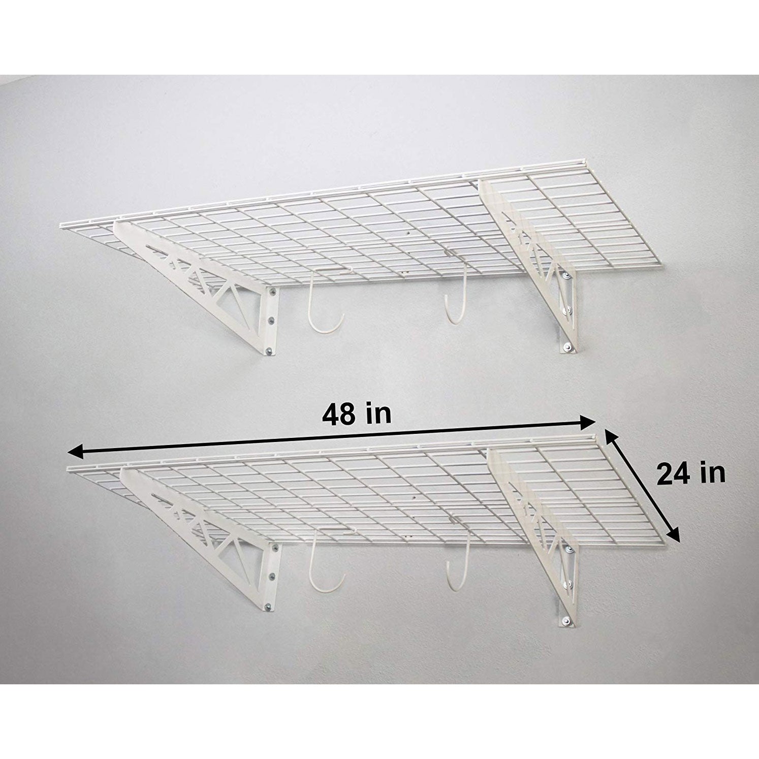 SafeRacks 24 x 48 Inch Garage Wall Shelf Two-Pack with Bike Tire Hooks, White - VMInnovations