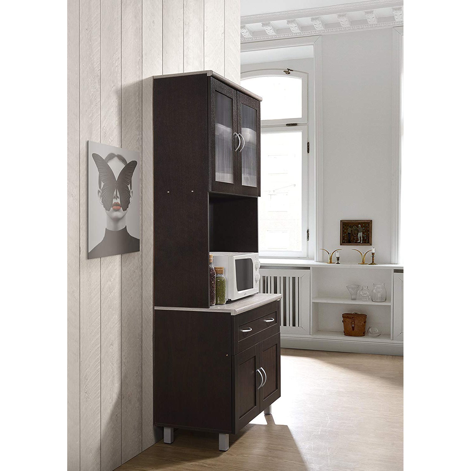 Hodedah Dining Room China Dinnerware Microwave Storage Cabinet, Chocolate - VMInnovations