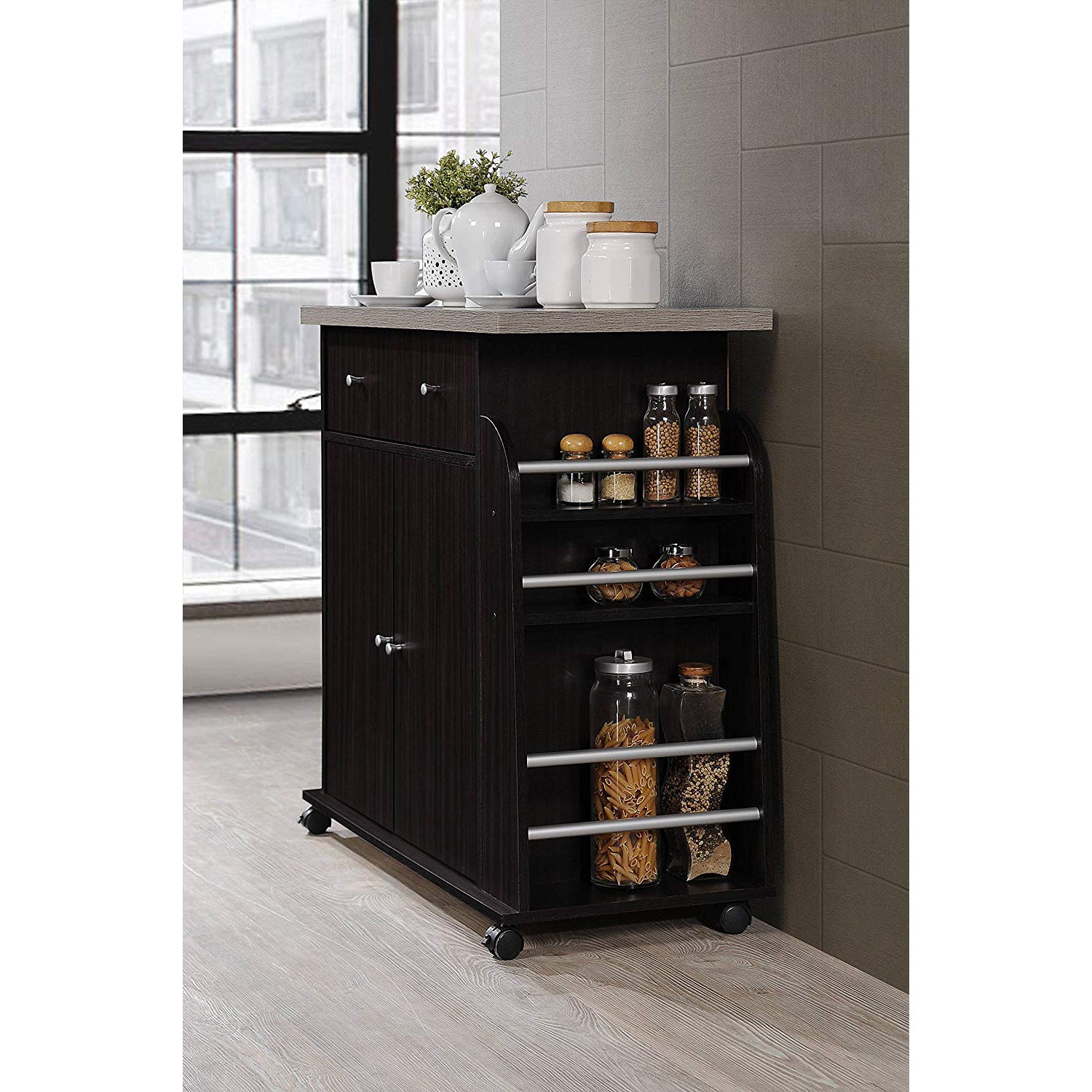 Hodedah Kitchen Island Cabinet Drawer Storage with Spice & Towel Rack, Chocolate - VMInnovations