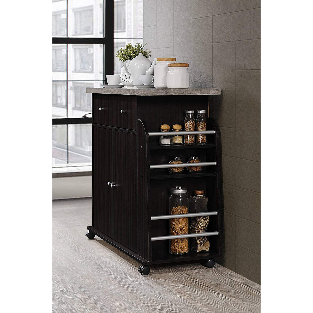 Hodedah Kitchen Island Cabinet Drawer Storage with Spice & Towel Rack(For Parts)