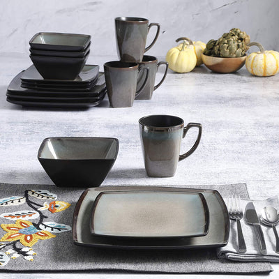 Gibson Elite 16 Pc Glazed Square Dinnerware Set w/ Plates, Bowls, and Mugs(Used)