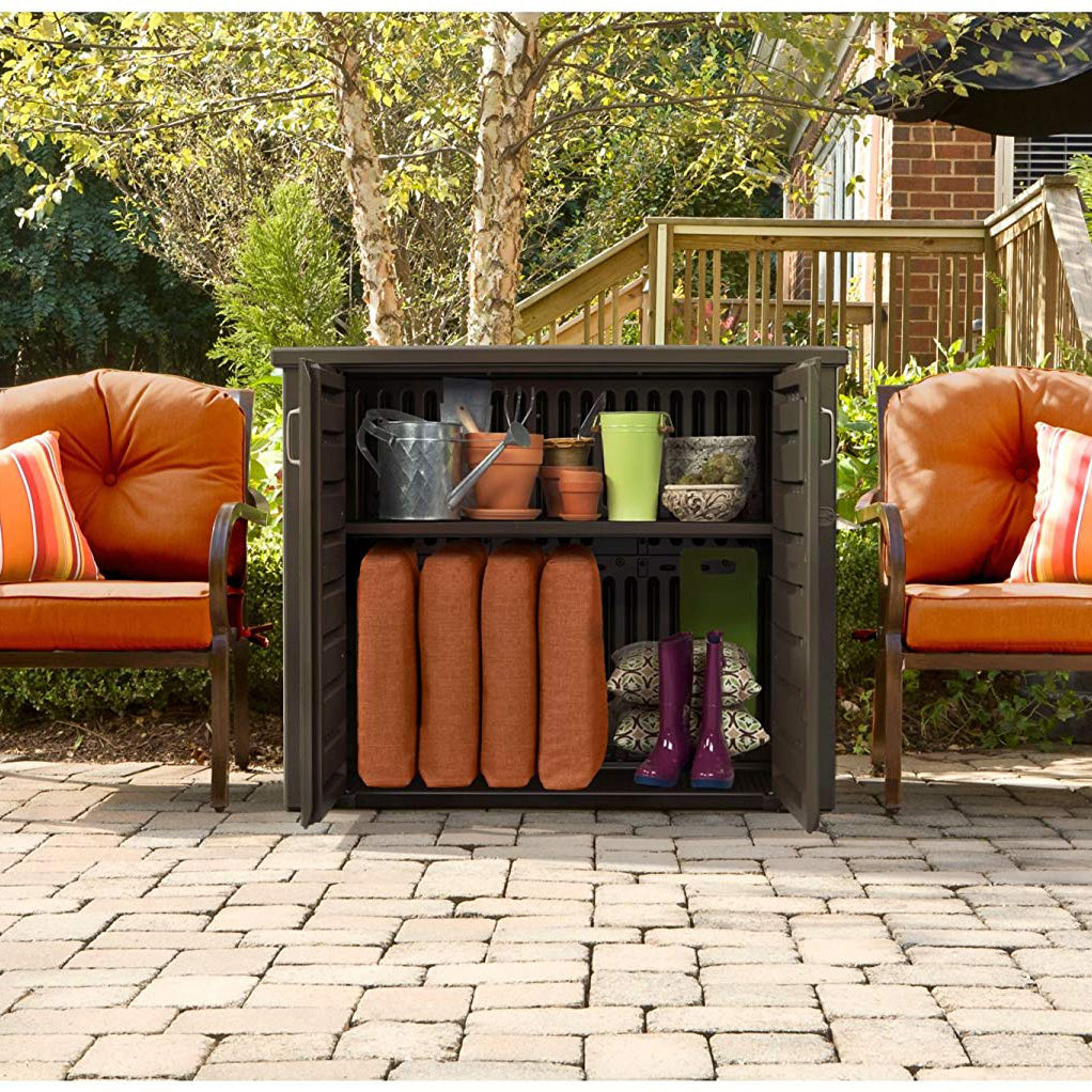 Rubbermaid Weather Resistant Resin Chic Outdoor Patio Storage Cabinet, Black Oak - VMInnovations