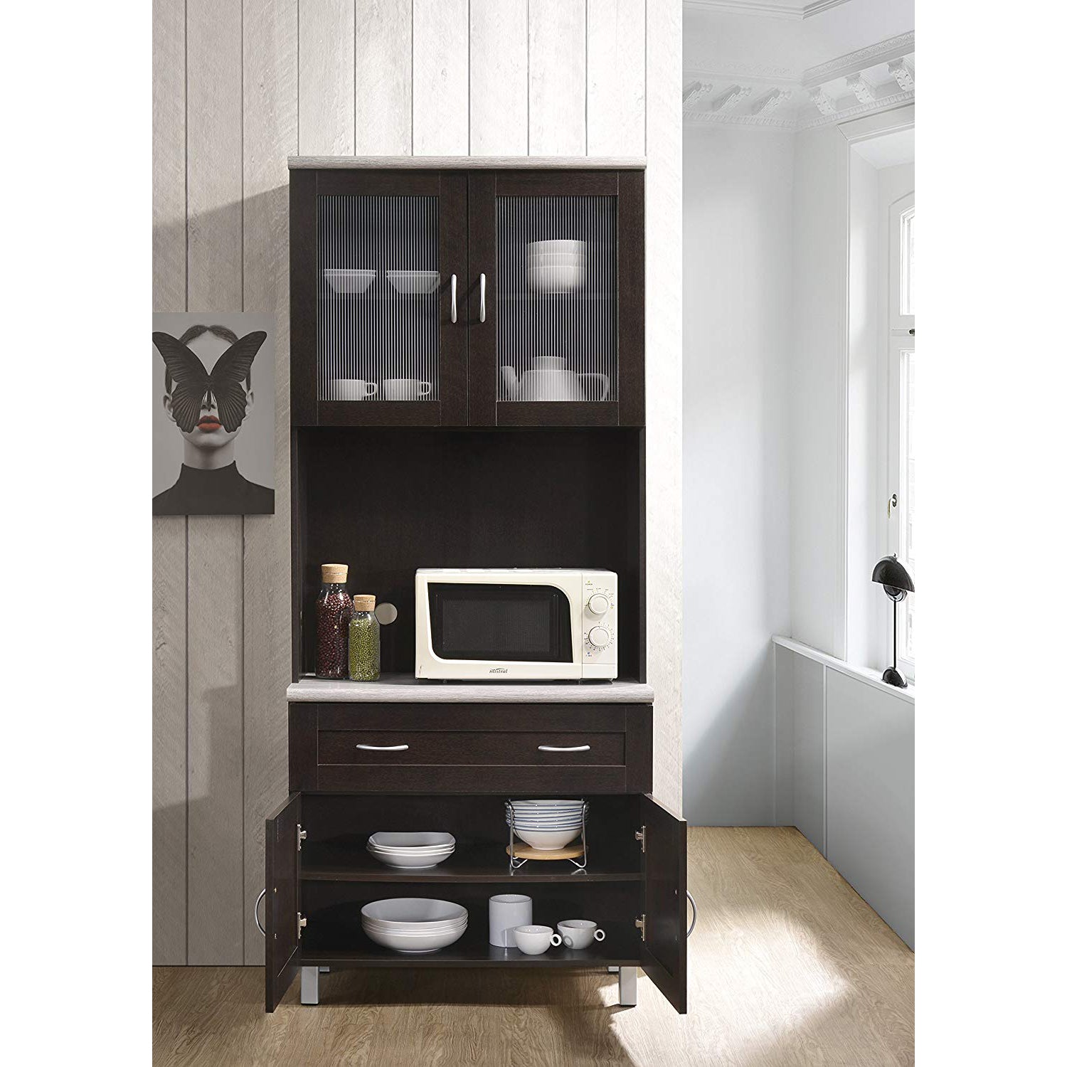 Hodedah Dining Room China Dinnerware Microwave Storage Cabinet, Chocolate - VMInnovations