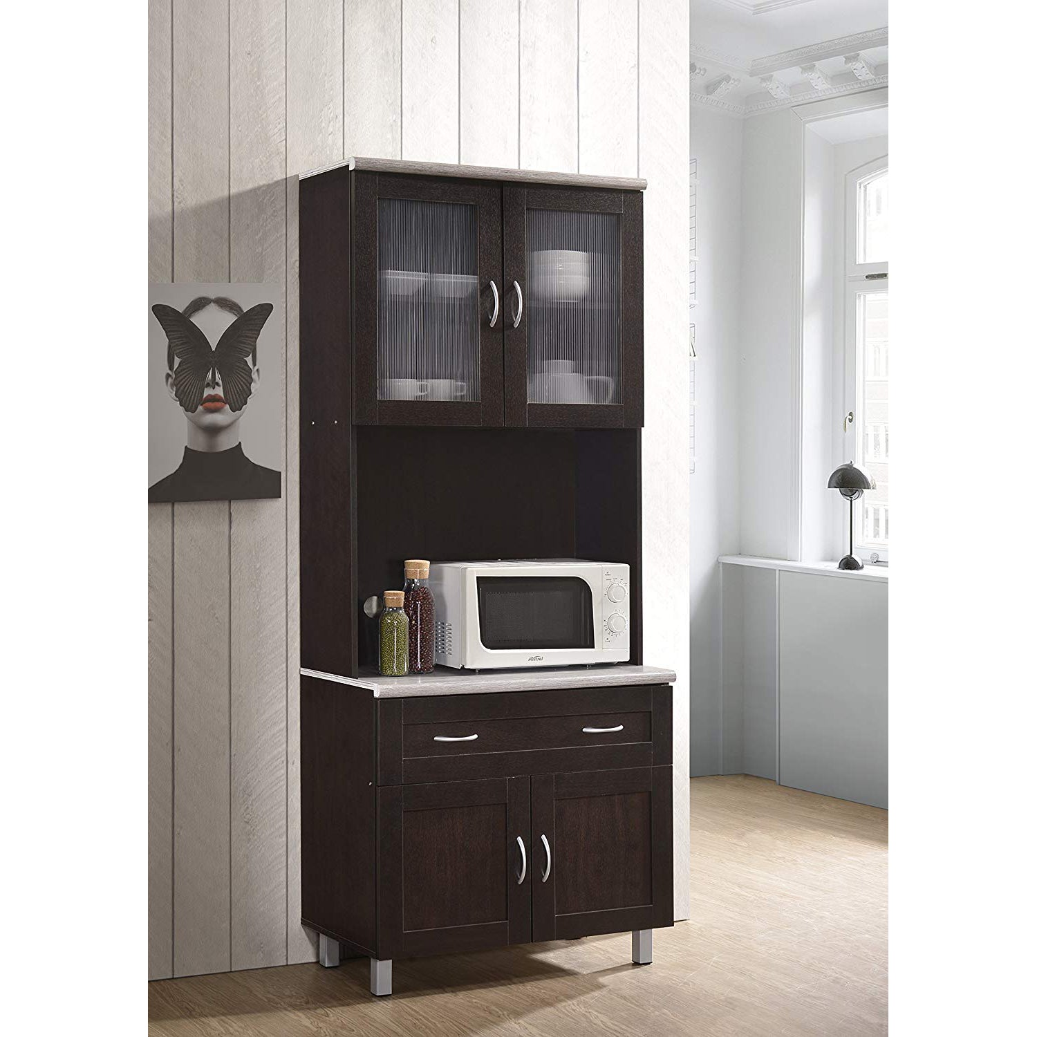 Hodedah Dining Room China Dinnerware Microwave Storage Cabinet, Chocolate - VMInnovations