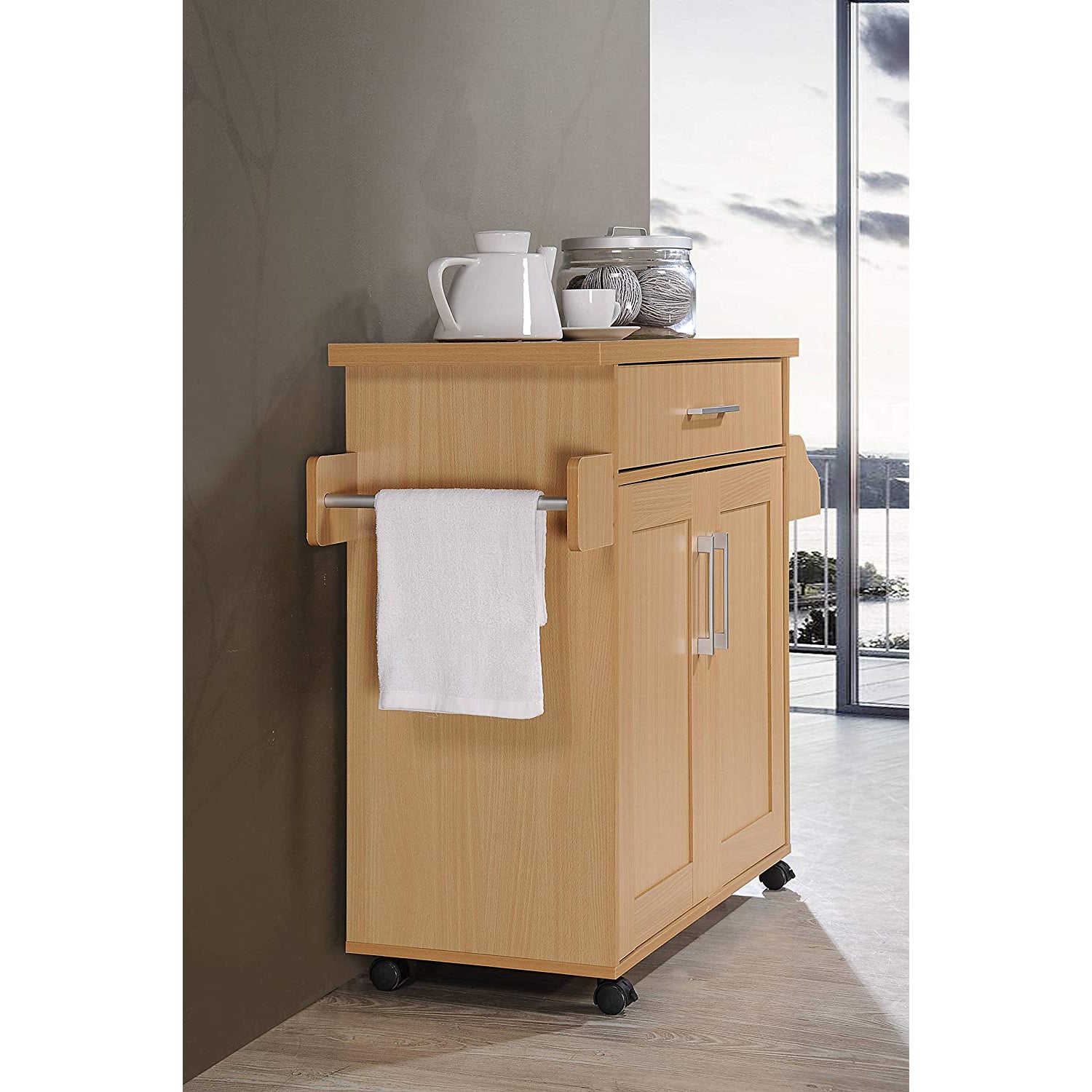 Hodedah Wheeled Kitchen Island with Large Spice Rack and Towel Holder, Beech - VMInnovations