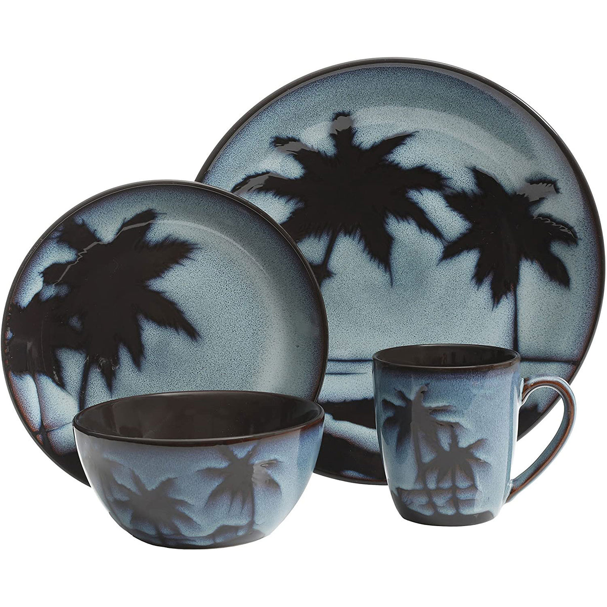 Gibson 16 Piece Reactive Glaze Blue Sunset Dinnerware Set Plates, Bowls, & Mugs