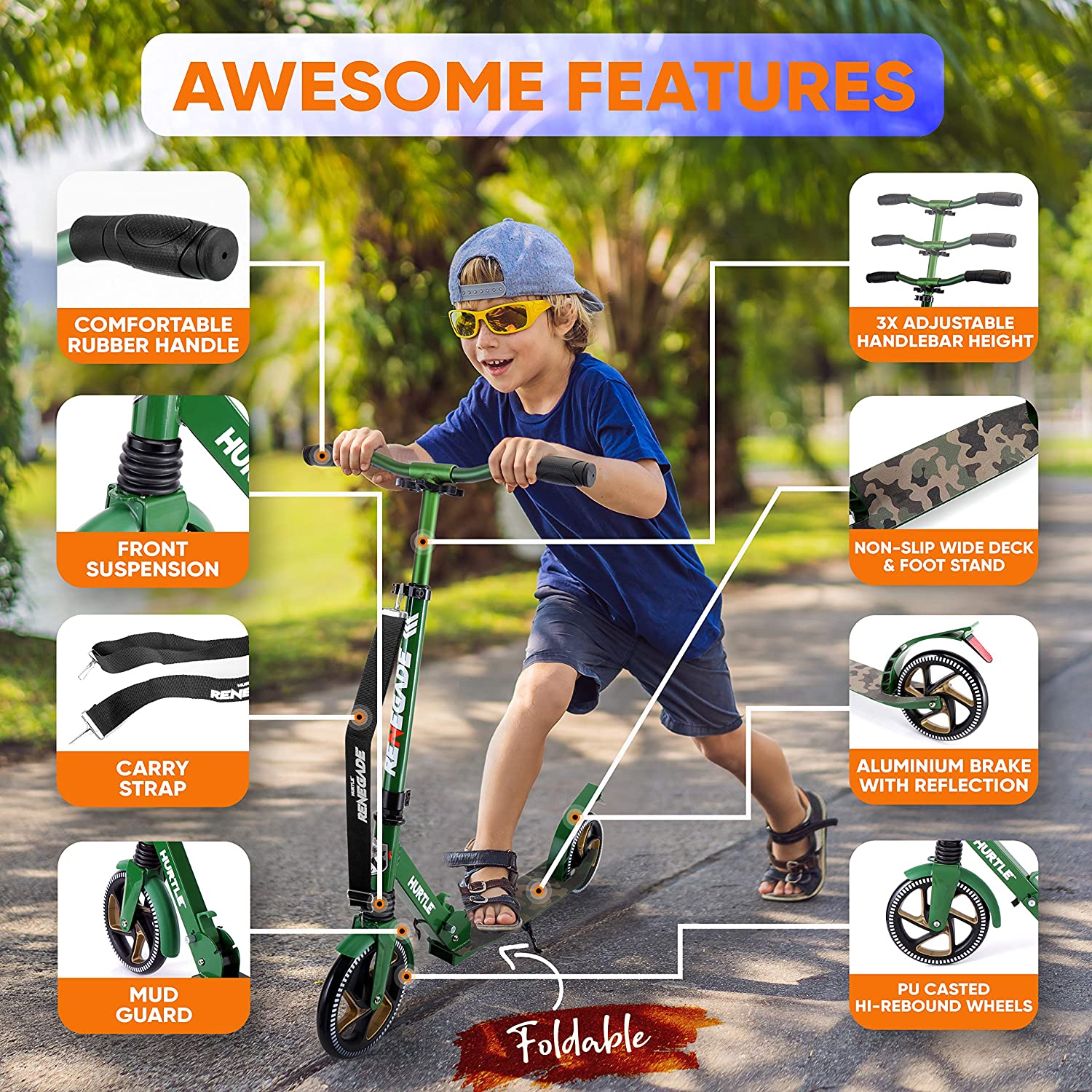 Hurtle Renegade Foldable Teen and Adult Commuter Kick Scooter, Camo (Used) - VMInnovations