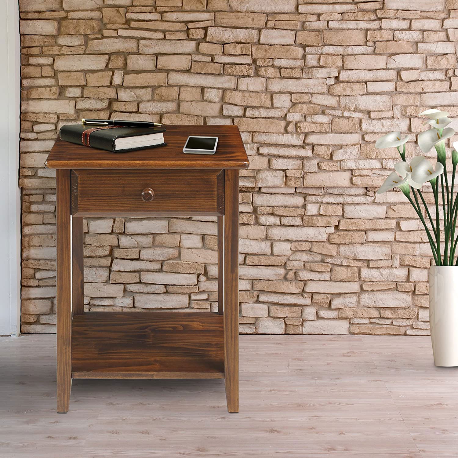 Casual Home Night Owl Bedside Nightstand with USB Ports, Warm Brown (Open Box) - VMInnovations