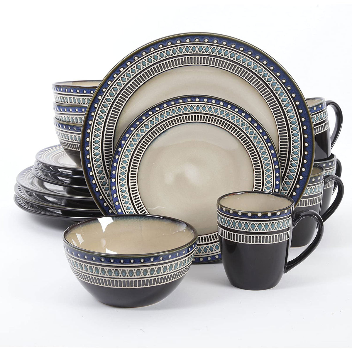 Gibson Elite Magello Glazed Stoneware 16 Pc Dinnerware Set, Blue/Brown (2 Pack)