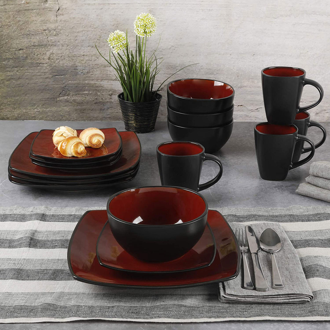 Gibson Soho Lounge 16 Piece Red Glazed Dinnerware Plates, Bowls, & Mugs (2 Pack) - VMInnovations