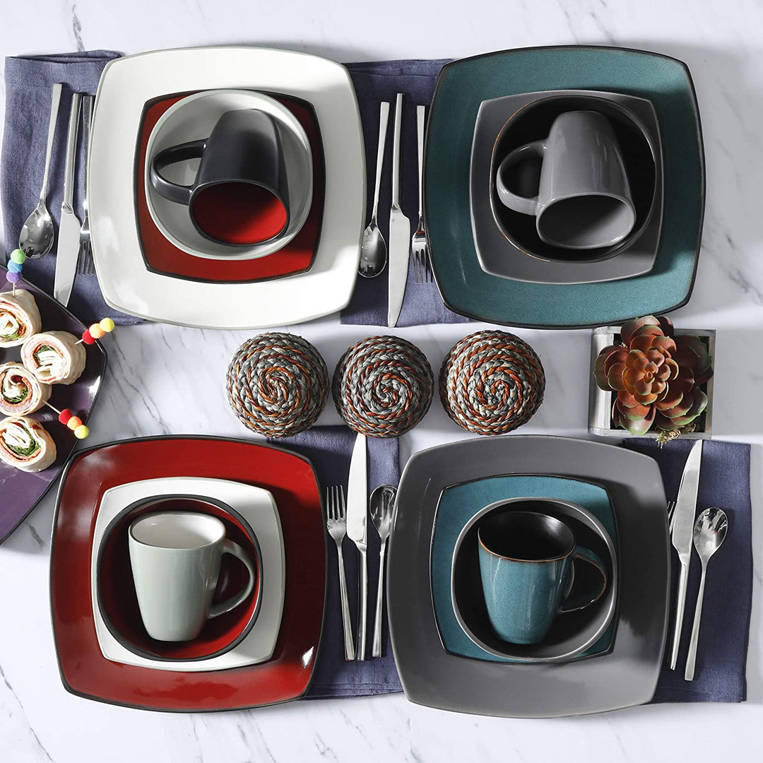 Gibson Soho Lounge 16 Piece Reactive Glaze Dinnerware Plates, Bowls, & Mugs, Red - VMInnovations
