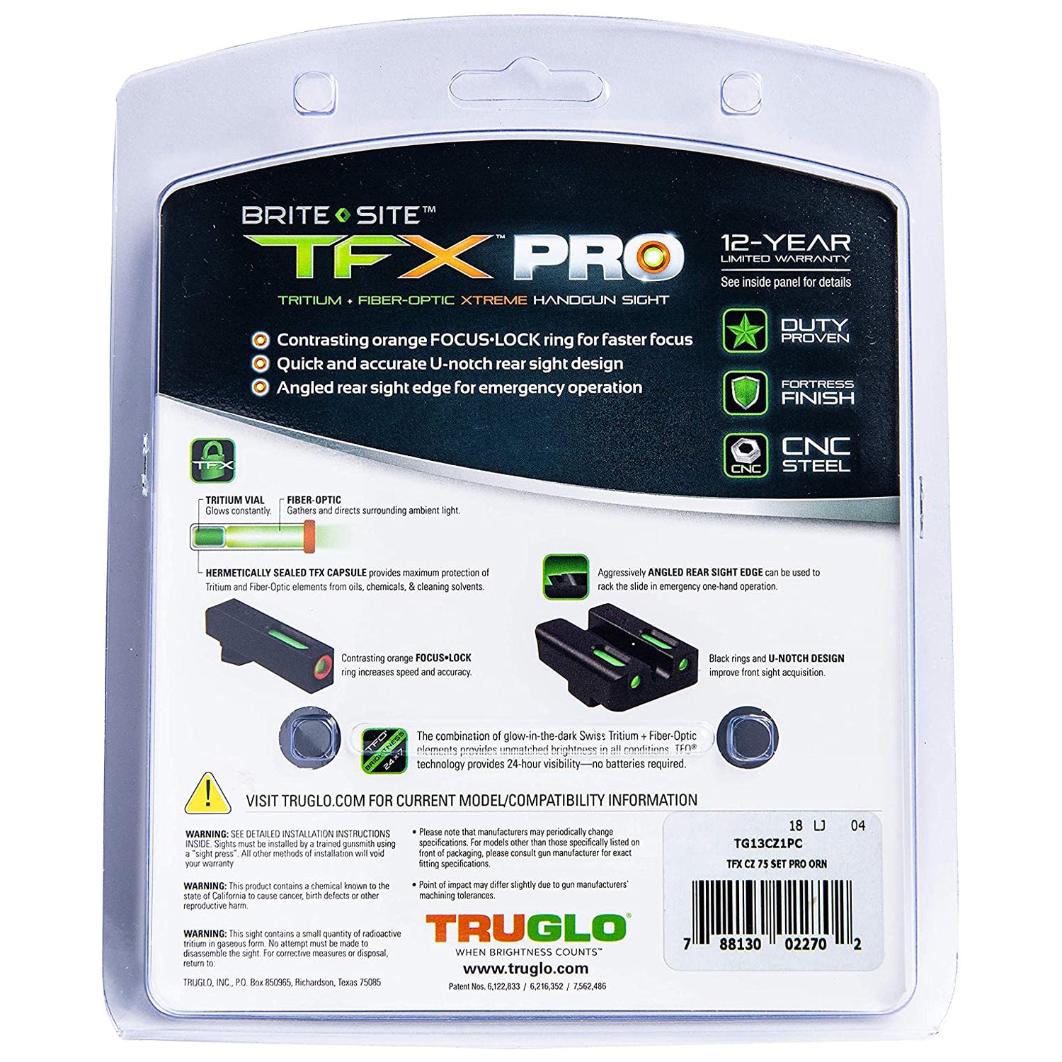 TruGlo TFK Pro Fiber Optic Tritium Handgun Pistol Sight, CZ 75 (For Parts)