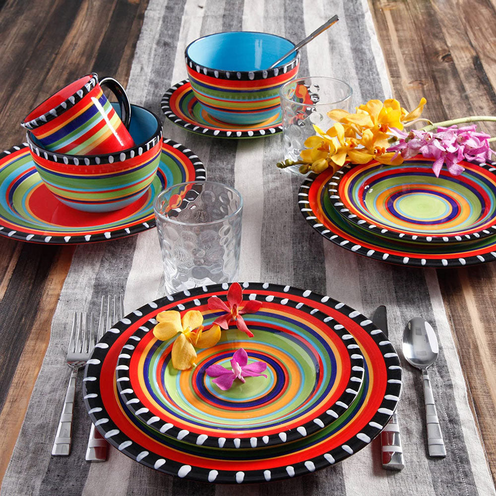 Gibson Elite 16 Piece Multi Color Glaze Dinnerware Plates, Bowls, Mugs(Open Box)