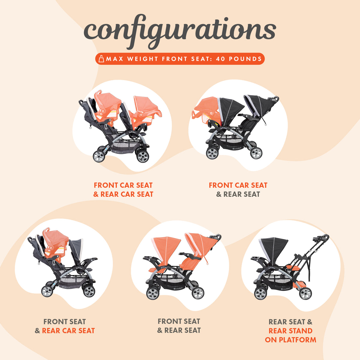 Baby Trend Sit N Stand Baby Double Stroller and 2 Infant Car Seat Combo, Stormy