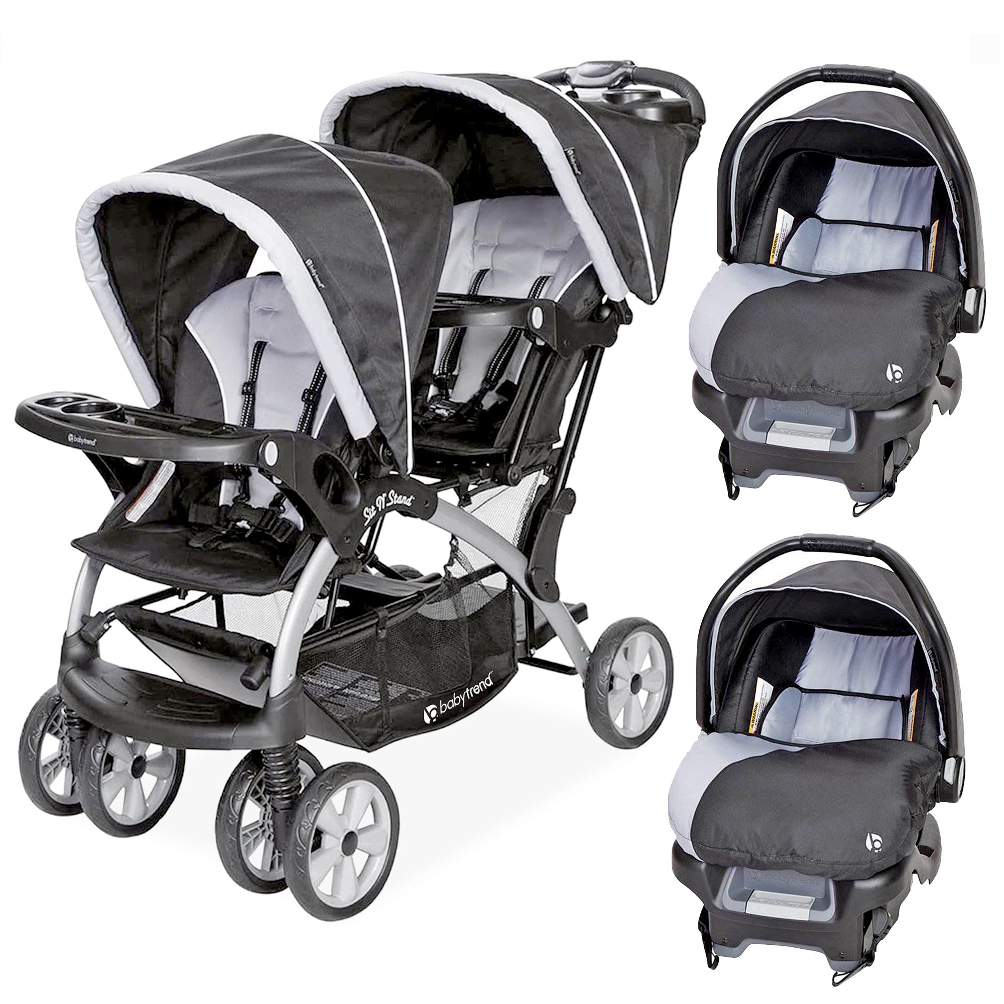 Baby Trend Sit N Stand Baby Double Stroller and 2 Infant Car Seat Combo, Stormy - VMInnovations