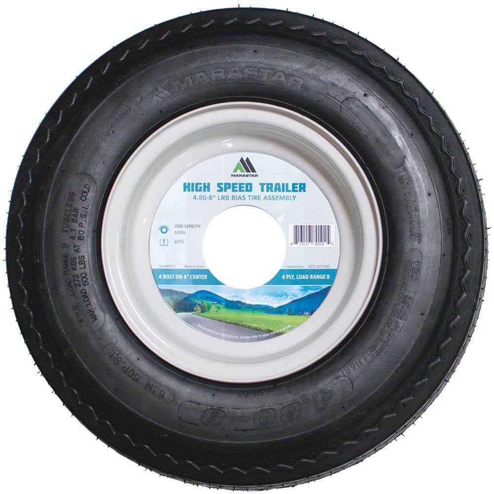 MARASTAR 4.80/8" Bias Trailer Tire Mounted on White Solid 4 Lug Wheel (Open Box)