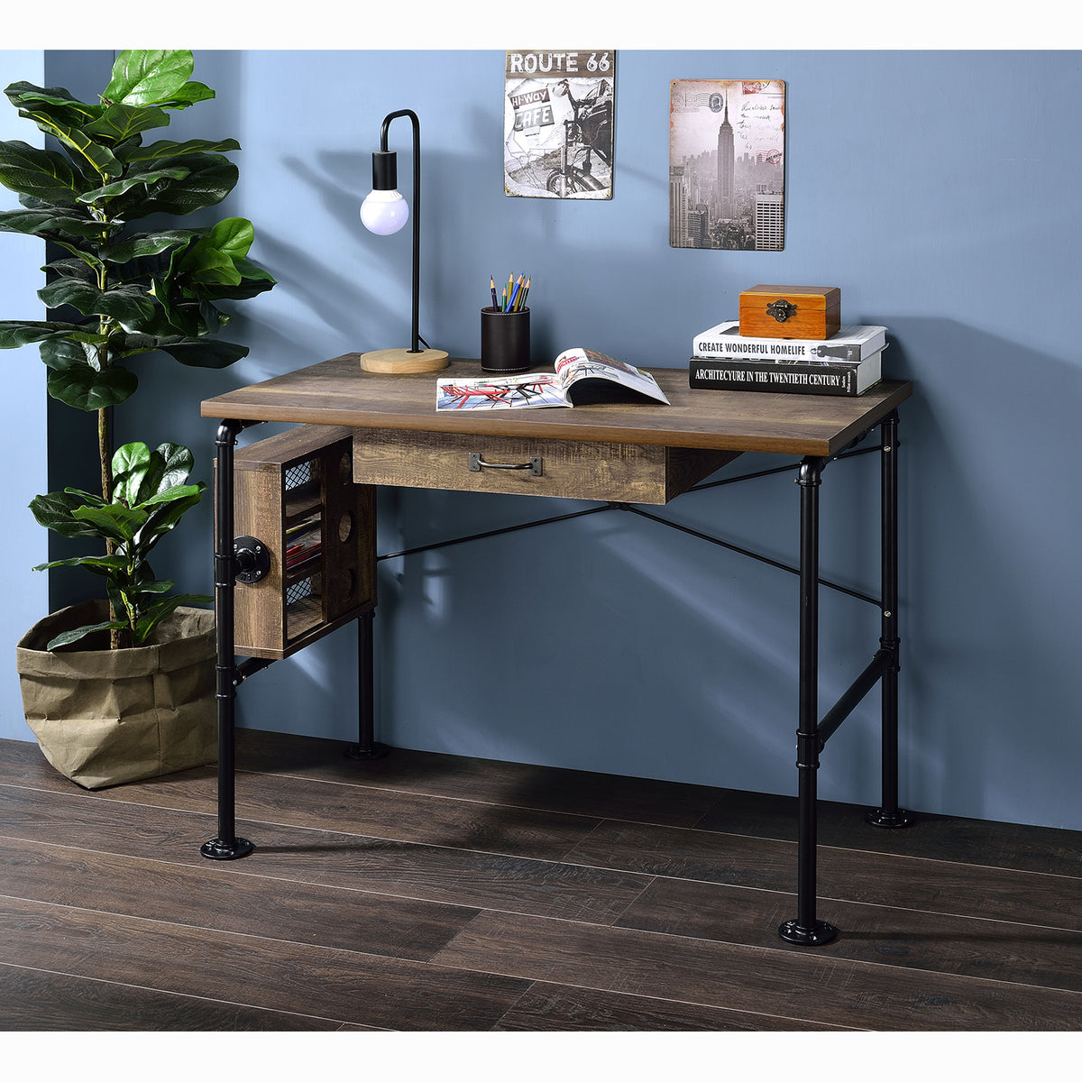 ACME Furniture 92595 Endang Industrial Metal Writing Desk with Drawer, Oak/Black