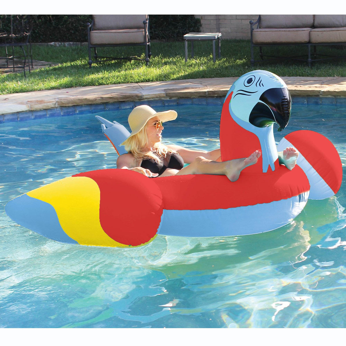 Margaritaville Swimming Pool Rideable Parrot Inflatable Float, Red (Open Box)