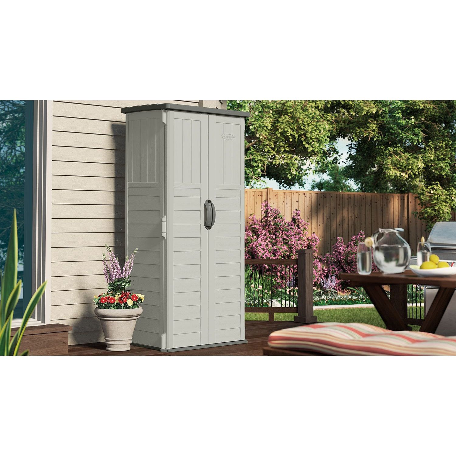 Suncast Resin Versatile Vertical Storage Shed Building & Horizontal Storage Shed - VMInnovations