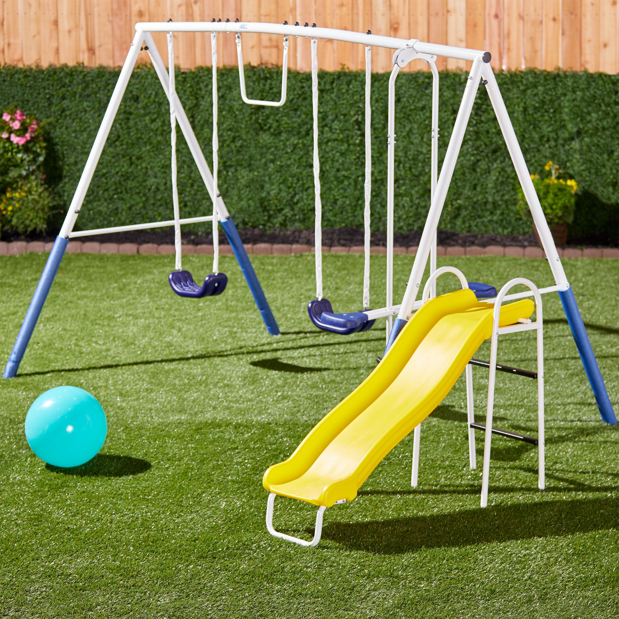XDP Recreation Blue Ridge Play Outdoor Swing Set, Slide and Triple Fun Go Round