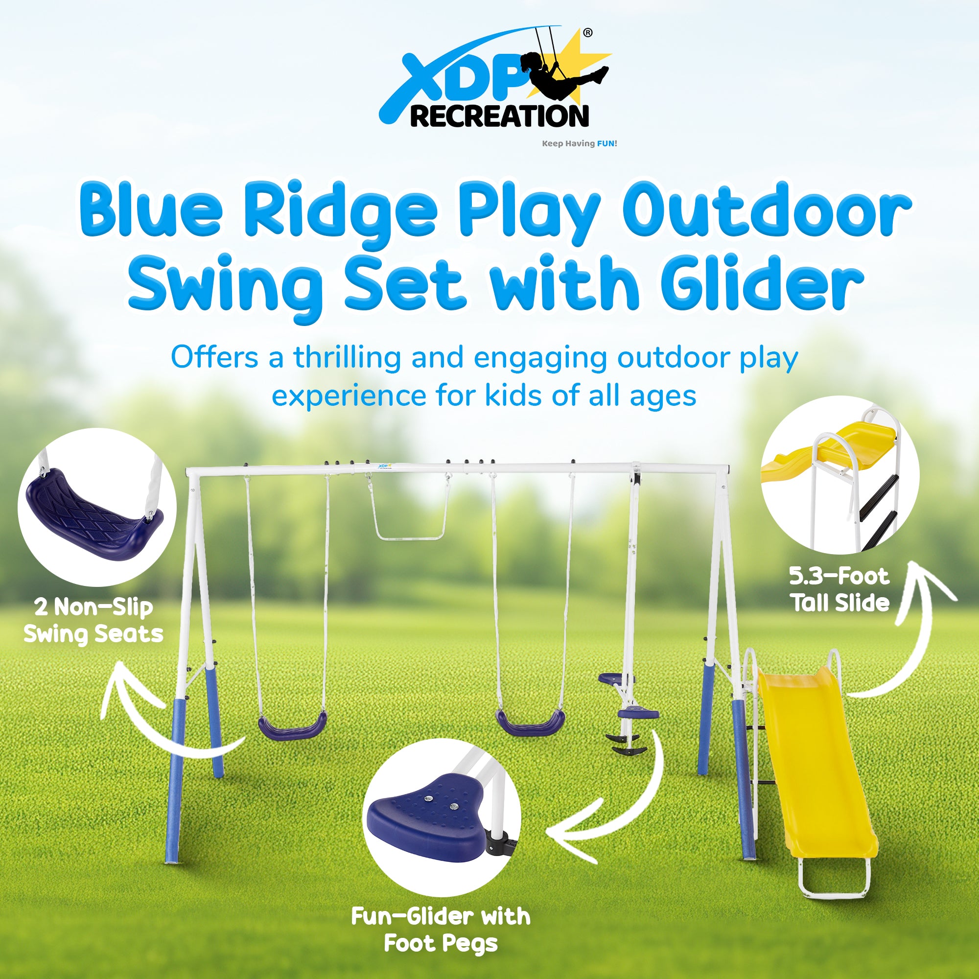 XDP Recreation Blue Ridge Play Outdoor Swing Set, Slide and Triple Fun Go Round
