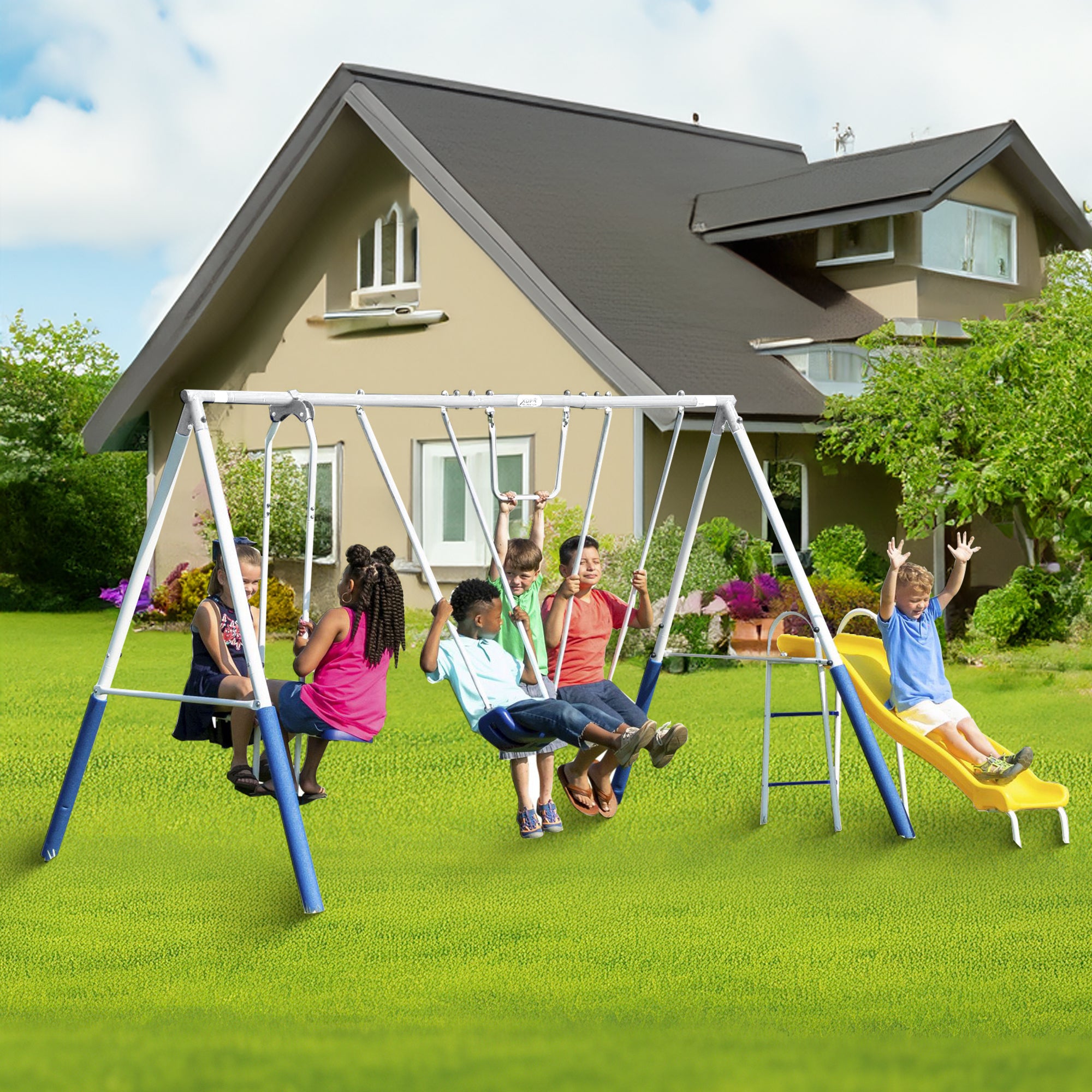 XDP Recreation Blue Ridge Play Outdoor Swing Set, Slide and Triple Fun Go Round