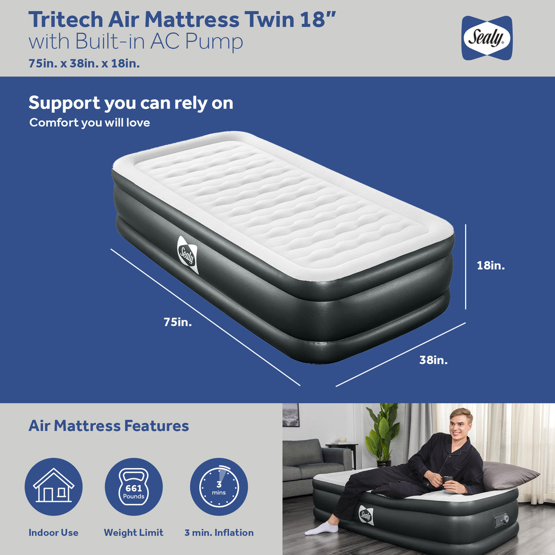 Sealy Tritech Twin Sized 18" Air Mattress Bed 2 Person w/Built-In AC Pump & Bag - VMInnovations