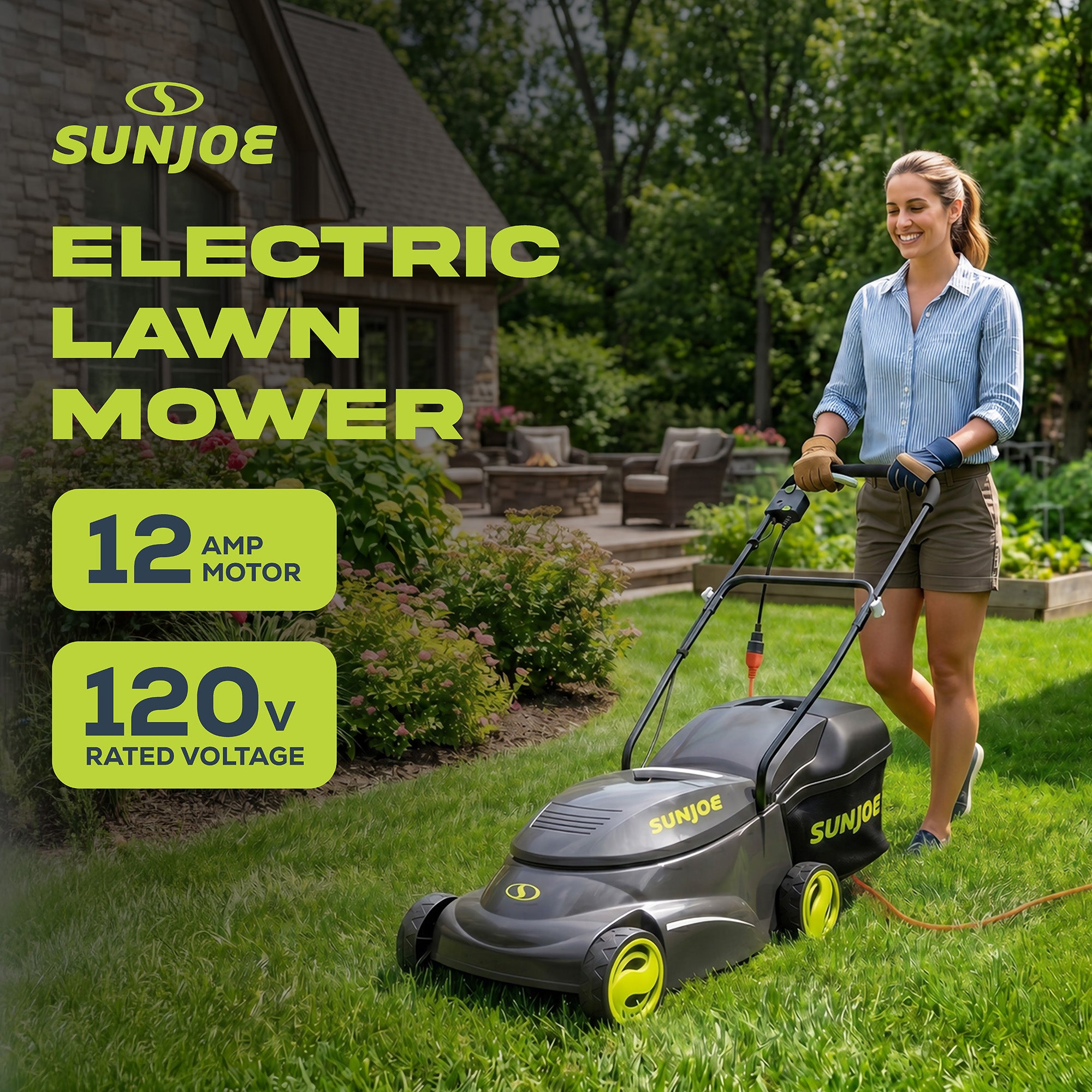 Sun Joe MJ401E 14 Inch 12 Amp Home Electric Corded Push Behind Lawn Mower, Green - VMInnovations