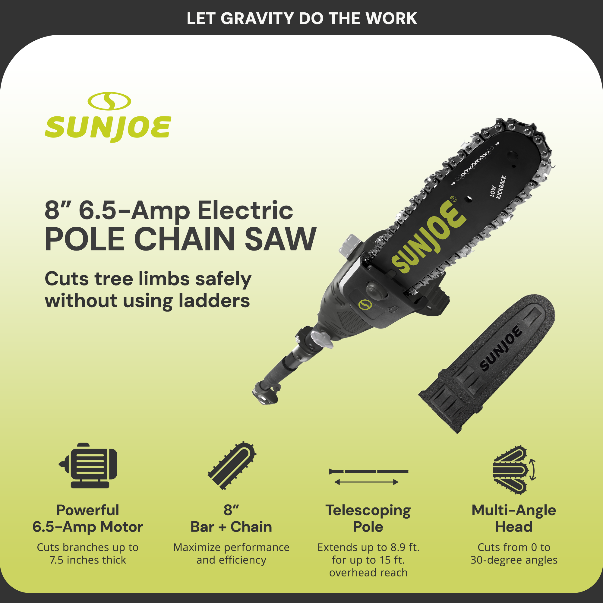 Sun Joe SWJ802E 8 Inch 6.5 Amp Electric Telescoping Multi Angle Pole Chainsaw